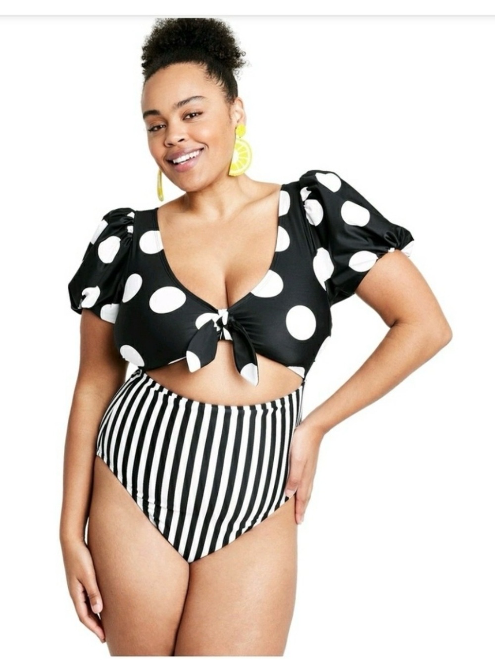 Tabitha Brown Polka Dot & Stripe Cutout One-Piece Swimsuit - Black & White Lrg